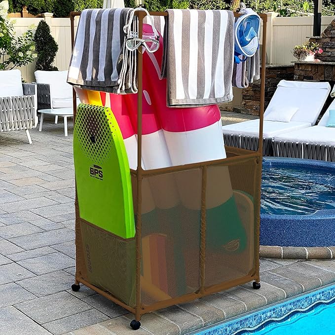 Essentially Yours Pool Equipment Holder with Towel Drying Bars, Mesh Rolling Pool Storage Organizer Bin, Extra Large with Towel Hanger, (34.5" W x 25" L x 62.6" H), Brown Style 418566