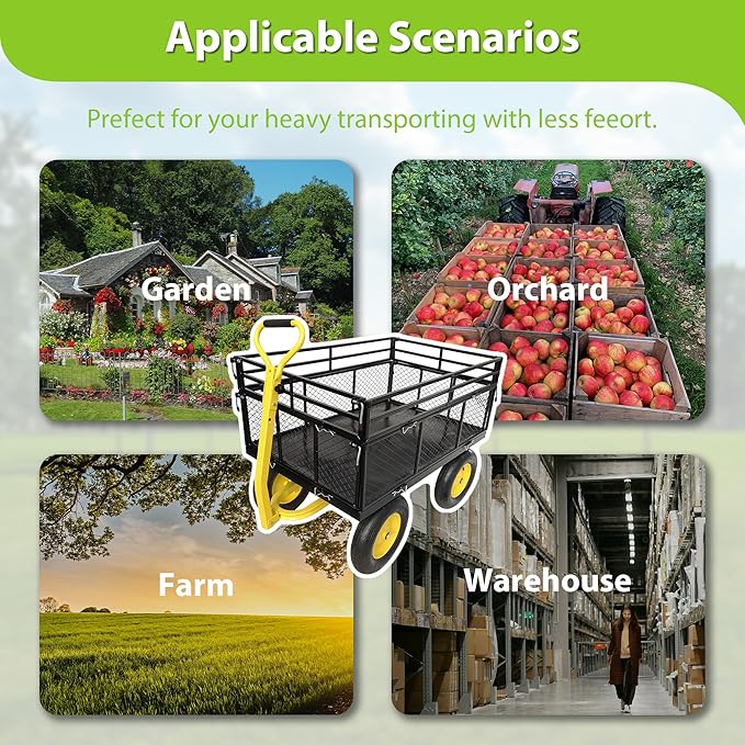 Heavy-Duty Steel Wagon Garden Cart – 1400 lbs Capacity, Removable Mesh Sides, 16" Tires, 2-in-1 Handle – Perfect for Garden, Farm, Yard, Black