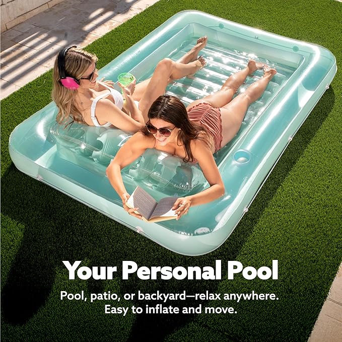 SLOOSH Inflatable Tanning Pool Lounger Float, 85" x 57" Extra Large Pool Floats Adult with Pillow, 4 in 1 Suntan Tub Raft Floatie,Sunbathing Bed Lounge for Water Blow Up Ball Pit Party Gifts, XL-Cyan