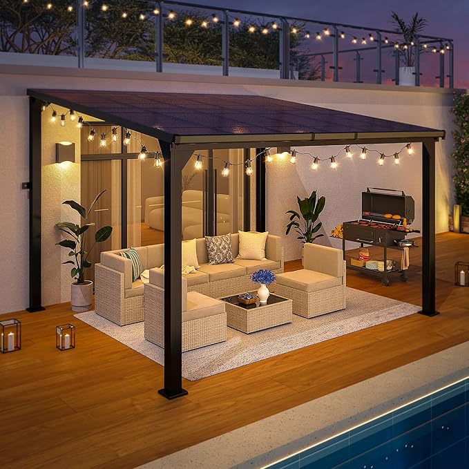 10 * 12FT Pergola,Outdoor Gazebo,Hardtop Lean to Gazebo,Wall Mounted Pergola,Pergolas Gazebos Clearance,Aluminum Frame Pergola,UV Resistant Patio Roof,Patio Awnings for Porch,Lawn,Backyard