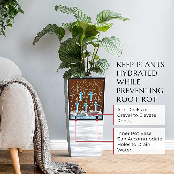 Mueller M-Resin Heavy Duty Tall Planter, Indoor/Outdoor Grande Plant, Tree, Flower Pot, 2-Piece Set, 24”, Modern Design, Built-in Drainage, White