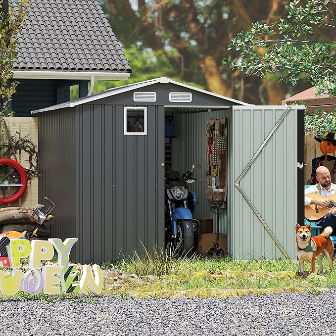 6x8 FT Sheds & Outdoor Storage,Steel Storage Shed with Lockable Doors and Window,Waterproof Garden Shed w/Roof Slope Design & Weather Versatility,Tool House for Storing Bicycles,Dark Gray