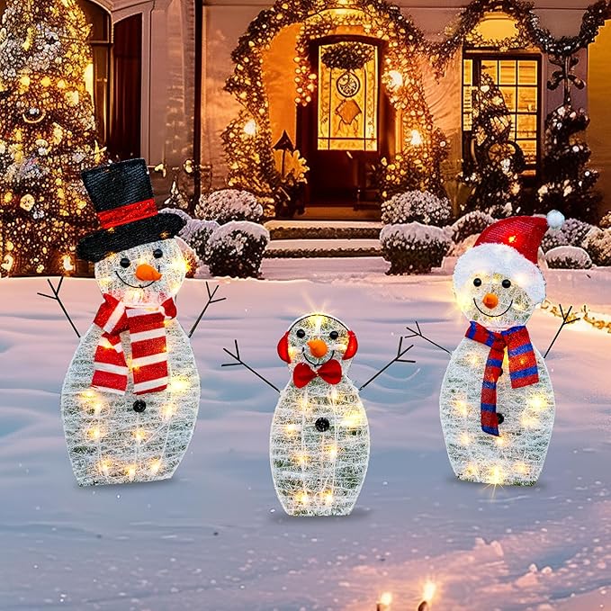 TW SHINE Lighted Christmas Snowman Outdoor Decoration, 3-Piece Pre-Lit 2D Snowman Family Set with 55 Warm White Lights, Christmas Yard Decorations for Patio Lawn Garden Decor, 20.5X9X29.5Inch-Large