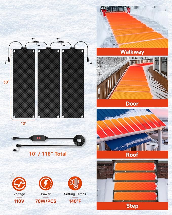 Heated Snow Melting Mat for Stairs, 3 Pack 10" x 30" Heated Outdoor Mats Graphene 2.0 Ice Melting Mat, Connectable Melting Mats for Outdoor Steps, Walkway, Decks