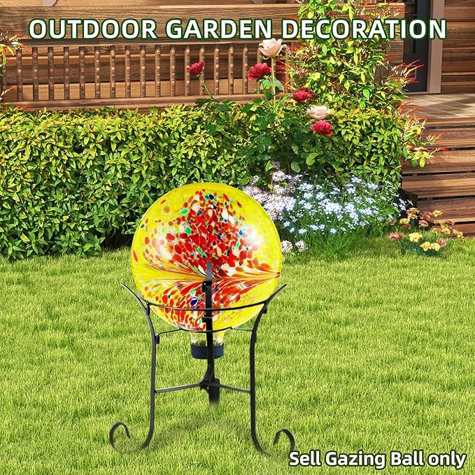 VOREEN 10-Inch Glass Gazing Ball, Outdoor Gazing Globe, Handmade Reflective Ball Yard Decoration for Homes, Patio, Lawn and Gardens, Gift for Mom Wife Friend, Phoenix Tail Design, Yellow