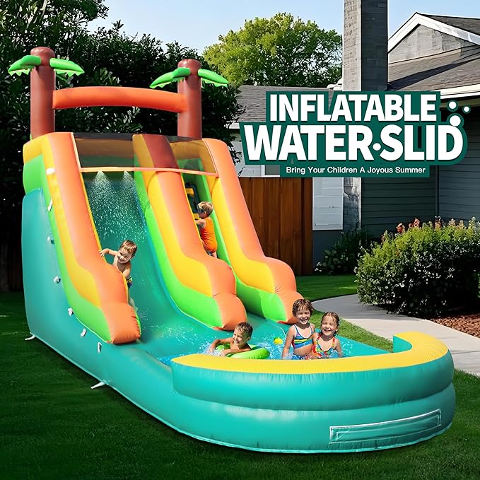 Inflatable Water Slide for Kids & Adults, 26FT 100% PVC Waterslide with Big Splash Pool, Widen Slide with Shallow Pool, 950W Air Blower, Ideal for Backyard, Park (Green Coconut Tree Design) 2