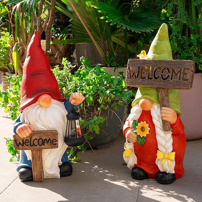22" Solar Large Gnome Lady Garden Statue Big Female Gnome with Welcome Sign Outdoor Decor with LED Lights Home Porch Yard Patio Lawn Ornament Christmas Housewarming Gardening Gift