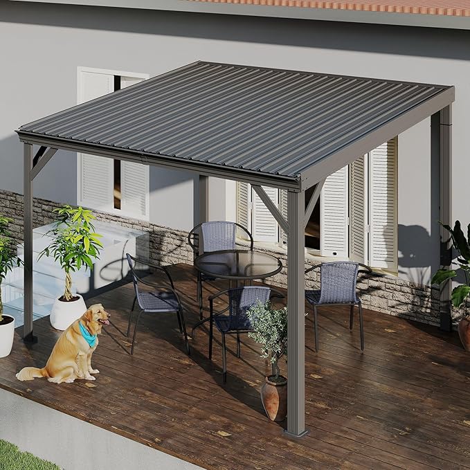 Domi 10’x10’ Lean-to Gazebo, Hardtop Wall-Mounted Gazebo Pergola with Sloping Galvanized Steel Roof and Upgraded Drainage System, Outdoor Permanent Metal Shelters for Patio Backyard Deck, Grey