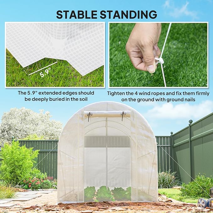 Outsunny 14.6'x6.5'x6.6' Hoop House Greenhouse with 2 Support Rods, Zippered Roll-up Mesh Door, Mesh Windows, Walk-in Tunnel Greenhouse with PE Cover, Galvanized Steel Frame, Outdoor Garden, White