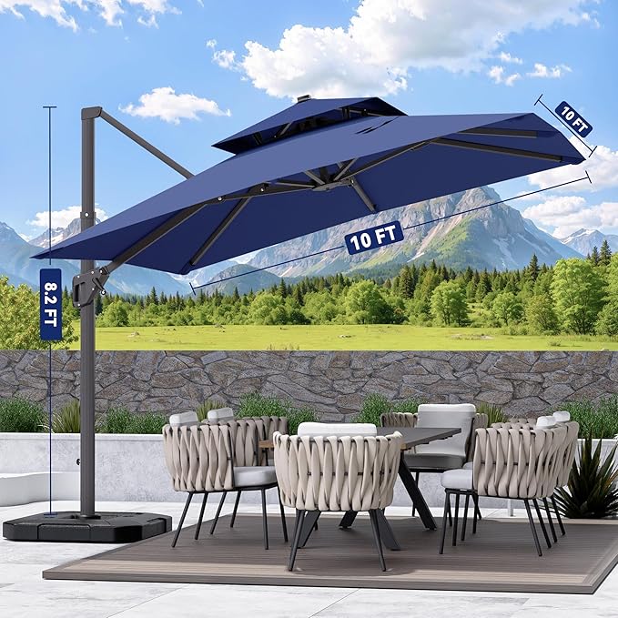 10' X 10' Cantilever Patio Umbrella Outdoor with Base Included Heavy Duty Double Top Windproof Square Offset Umbrellas with 360-degree Rotation for Pool Deck Backyard, Navy