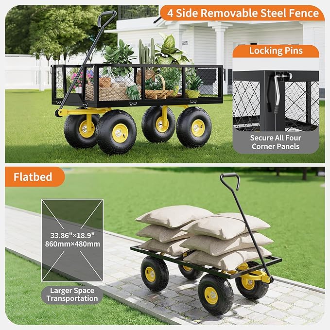 500 Lbs Garden Wagon, 2-in-1 Heavy-Duty Steel Garden Cart, with 10 Inch All-Terrain Tires and Removable Mesh Side Panels, 180° Rotating Handle, Metal Utility Yard Trailer, Outdoor Gardens Wagon Cart
