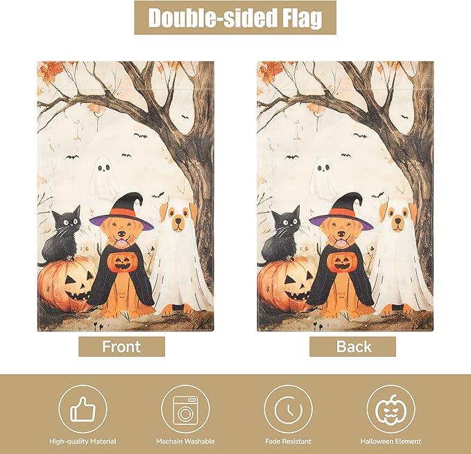 Halloween Garden Flag - Halloween Decorations Outdoor, Yard Flag for Outdoor Holiday Home Decor, Double Sided 12x18 Inch - Cat & Dogs
