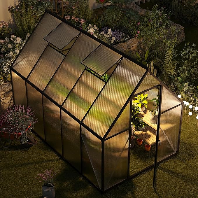 6x10 FT Greenhouse for Outdoors, Polycarbonate Greenhouse with Roof Vent, Enhanced Aluminum Large Walk-in Green House for Garden Backyard