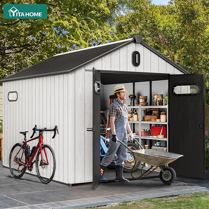 YITAHOME 8x10ft Resin Storage Structure, Outdoor 544 cuft Plastic Garden Storage Unit with Windows, Vents and Lockable Entrance, Waterproof Tool Organizer with Flooring for Lawn Equipment，Gray