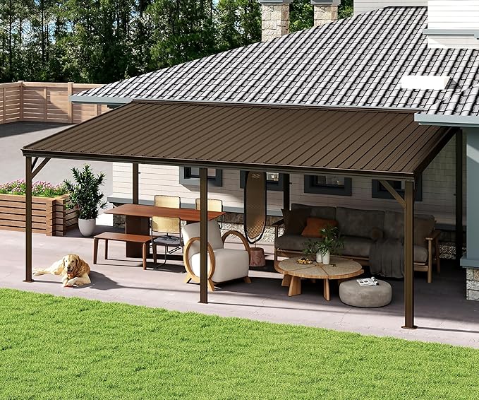 Domi 12’x20’ Lean-to Gazebo, Hardtop Wall-Mounted Gazebo Pergola with Sloping Galvanized Steel Roof and Upgraded Drainage System, Outdoor Permanent Metal Shelters for Patio Backyard Deck, Brown