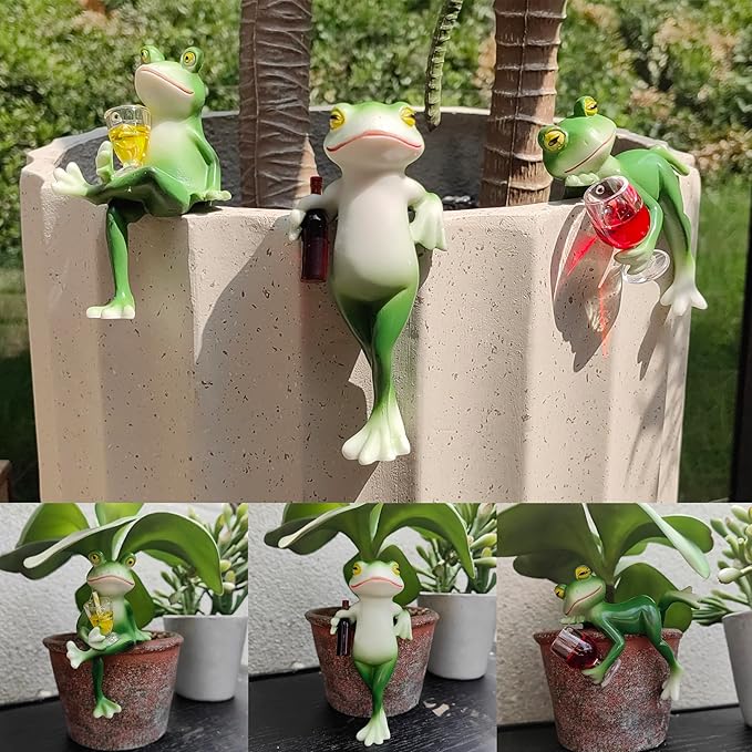 3 Pack Tipsy Frog Figurines Pot Huggers Statues Garden Decor for Outside,Plant Decorations for Pots,Miniature Frog Ornaments for Patio,Balcony,Backyard,Lawn,Unique House Warming Gifts for Women