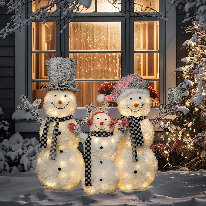 LuxenHome 3.5FT Lighted Snowman Family Outdoor Decorations, Prelit Frosted Snowman with Hat and Scarf, Illuminated Christmas Decorations Indoor and Outdoor for Porch, Lawn, Holiday Yard Decor