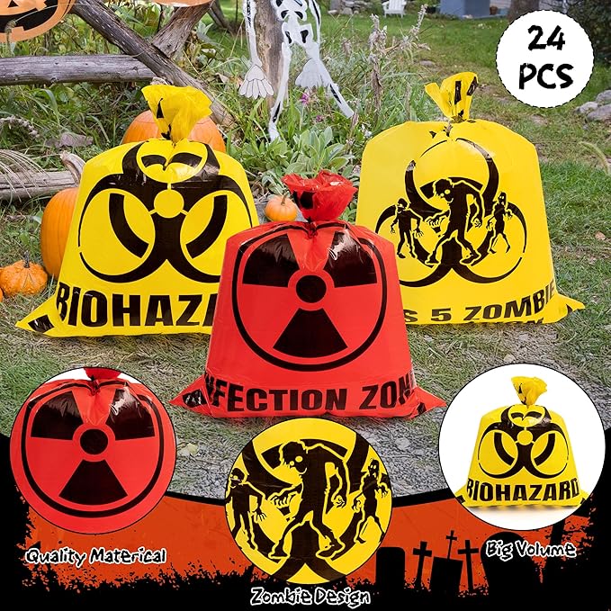 CNhoqc Halloween Lawn Trash Bags - 12Pcs Zombie Warning Reusable Waste Bags with Twist Ties, Fallen Leaf Grass Clipping Trash Container, Heavy-Duty Plastic for Biohazard Parties Outdoor Decorations