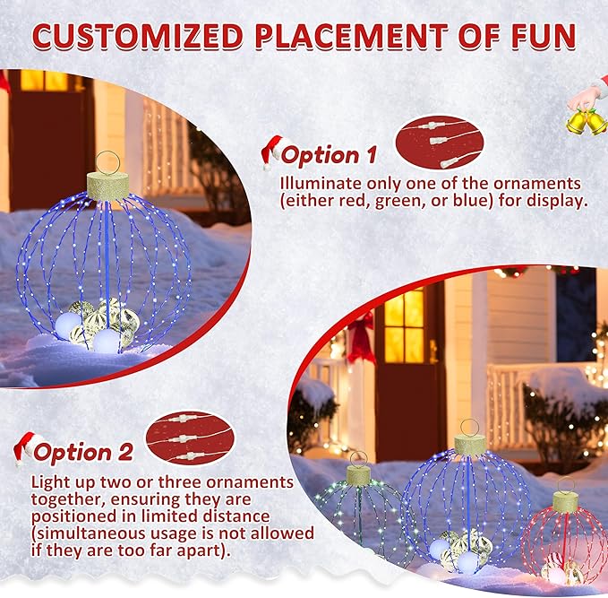 VEIKOU Set of 3 Lighted Christmas Ornaments, 3 Colors Outdoor Holiday Ball Decoration with 570 LED Lights, Christmas Decor with 20 Small Plastic Balls for Garden, Yard, Lawn