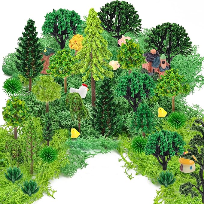 36 Pcs Green Mixed Model Trees with 40g Moss, Diorama Trees Grass Mini Fake Miniature Trees Moss for Building Model, Model Train Scenery, Natural Green Landscape, Railroad Scenery