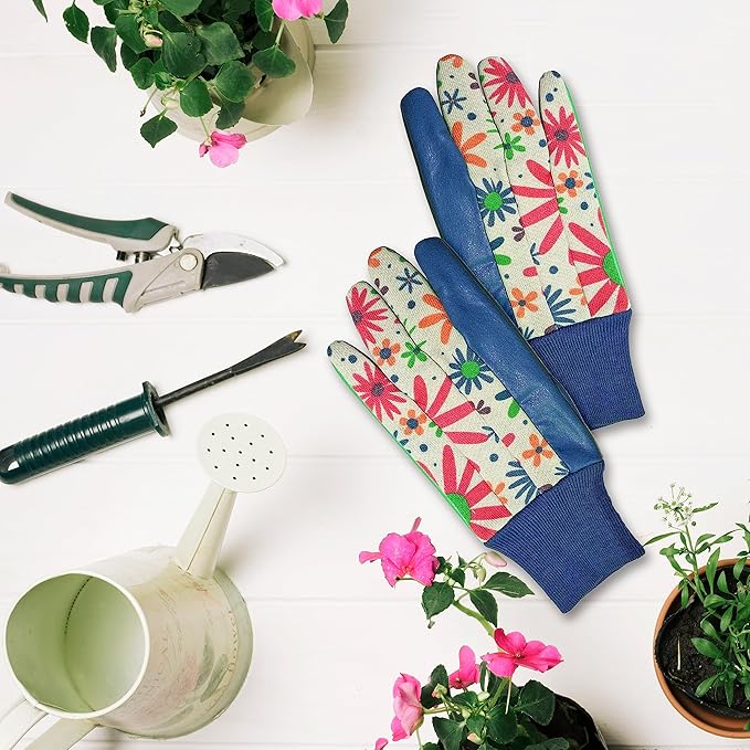 Floral Gardening Gloves for Women, 9 Inch. 6 Pairs Cotton Work Gloves with Knit Wrist. Gardening Gifts for Women