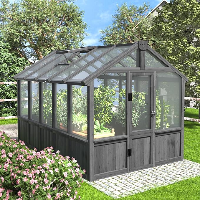 MUPATER 6 x 10 FT Wooden Polycarbonate Greenhouse with Ventilated Window & Lockable Door, Multi-Layer PC Panels for UV Protection, Walk-in Greenhouse Kit for Outdoor, Garden and Backyard, Black