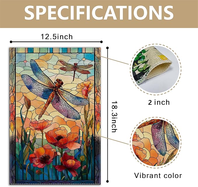 Garden Flags, Dragonfly Garden Flag, Stained Glass Style Dragonfly Floral Flag Double-Sided Flags for Farmhouse Yard Outdoor Decoration-12 x 18inch (Dragonfly2)