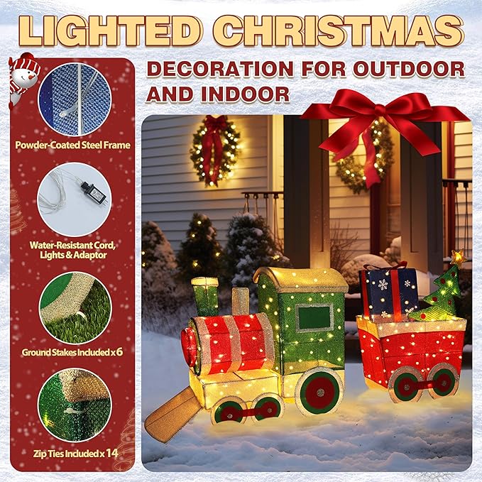 VEIKOU 5FT Outdoor Christmas Decorations Train Set with 170 LED Lights, Christmas Decorations Outside, Lighted Train for Holiday Yard Decorations