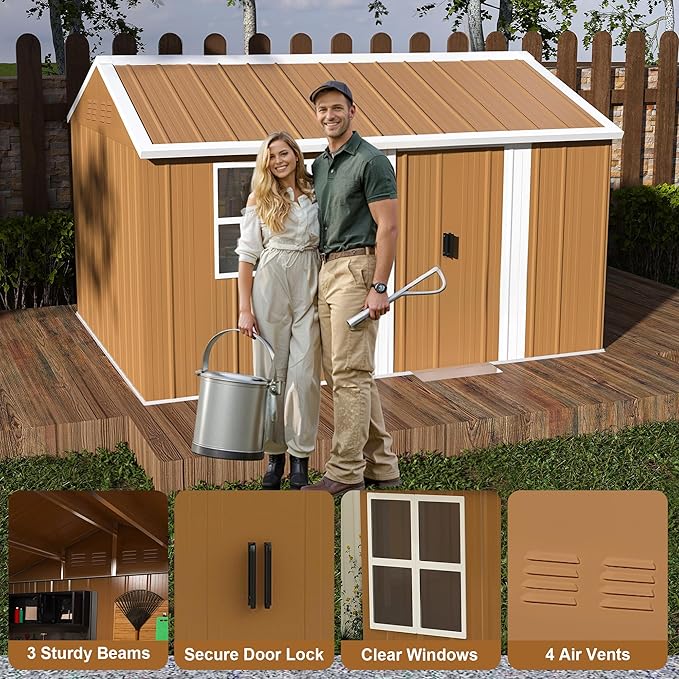 12x8 FT Outdoor Steel Storage Shed with Clear Windows, Sliding Lockable Door & Ventilation, Brown and White Weather-Resistant Metal Tool Shed for Garden, Backyard, Lawn, and Utility Storage