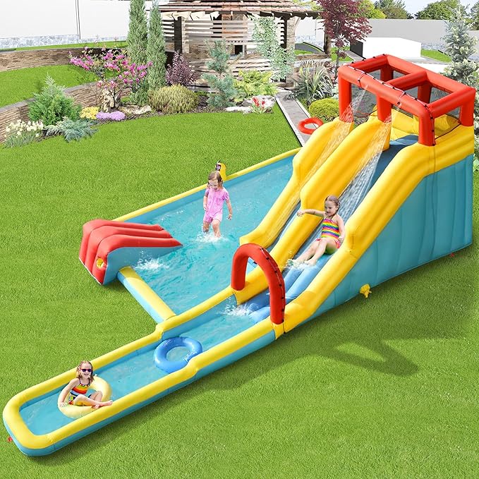 BOUNTECH Inflatable Water Slide, Dual Slides Kids Water Slide Park Bouncy Castle w/950W Blower, 2 Swimming Rings, Large Splash Pool, Backyard Outdoor Blow up Water Slides Inflatables for Big Kids