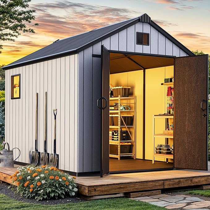 YITAHOME 8x10 FT Outdoor Storage Shed with Lockable Door, Large 544 Cuft Resin Shed with Floor Roof Windows Vents, All-Weather Plastic Storage Shed Tool Organizer for Backyard Garden Patio Lawn, Gray
