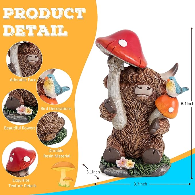 Highland Cow Figurine for Garden Decor,Garden Cow Decor for Outdoor Statues,Highland Cow Decorations for Outdoor Indoor Patio Yard Lawn Home Bathroom Shelf Decor,Animal Statues Cows Gifts for Women