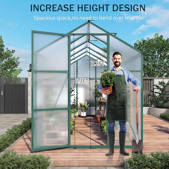 6*4.2*7.2FT Greenhouse for Outdoors, Polycarbonate Greenhouse with Stronger Wind Protection and Roof Vent, Walk-in Large Aluminum Sunroom Winter Proof, Green