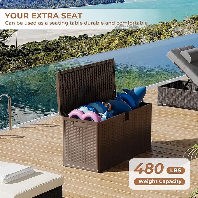 73 gal Brown Resin Deck Box, Outdoor Storage Box Waterproof Lockable, Patio Deck Box For Package Delivery, Outside Storage Box Container for Furniture Cushions, Garden Tools, Pool Accessories