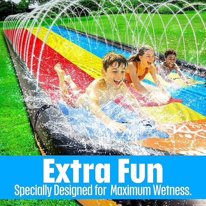 JAMBO Premium 16Ft Slip Splash and Slide and 3 Bodyboards, Heavy Duty Water Slide - 3-Way Sprinkler System, Splash Mat Pad, Backyard Outdoor Water Toys n Slides for Kids