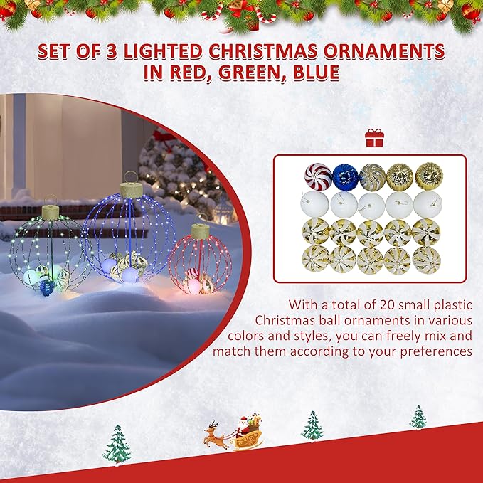 VEIKOU Set of 3 Lighted Christmas Ornaments, 3 Colors Outdoor Holiday Ball Decoration with 570 LED Lights, Christmas Decor with 20 Small Plastic Balls for Garden, Yard, Lawn