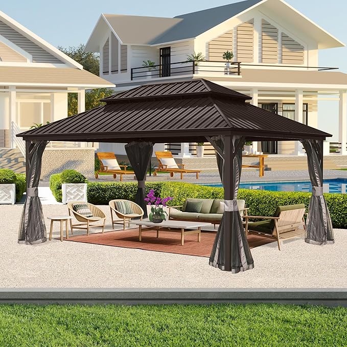 Domi Hardtop Gazebo 10x14FT, Aluminum Outdoor Gazebo with Galvanized Steel Double Roof Canopy, Curtains and Netting Included, Metal Gazebo Permanent Pavilion for Patio, Lawn, Garden, Brown