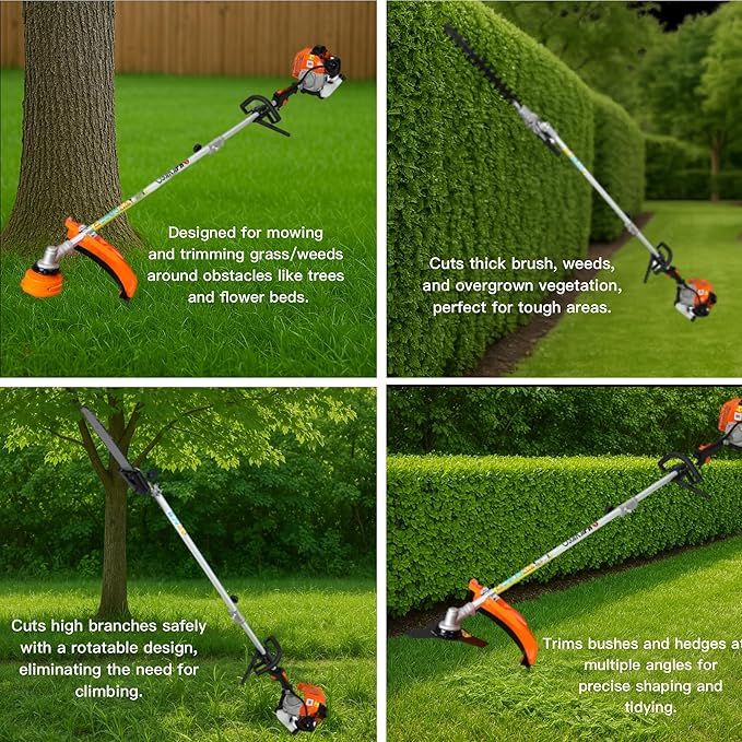 52cc 2-Cycle Gas Multi-Trimmer | 4-in-1 String Trimmer w/Rotatable Pole Saw, Weed Eater Weed Wacker, Brush Cutter & Hedge Trimmer Gas for Lawn, Yard, Garden Care, All-in-one Garden Tool