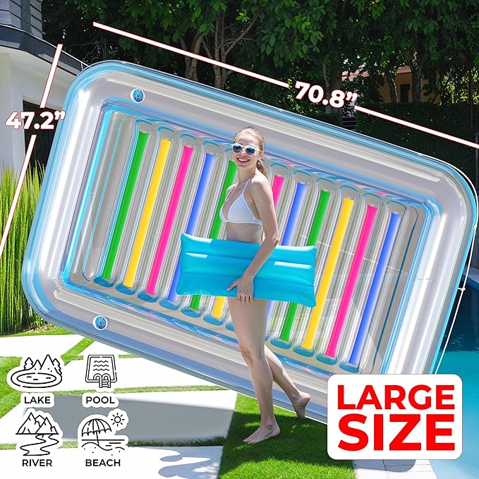 JAMBO Inflatable Tanning Pool Lounger Float, 70 x 47 Sun Tanning Pool Float with Pillow, Water Lounge Raft, Pool Floatie for Adults, Tanning Raft Pool Tub, Water Tanning Bed Kiddie Pool Tanning Floats