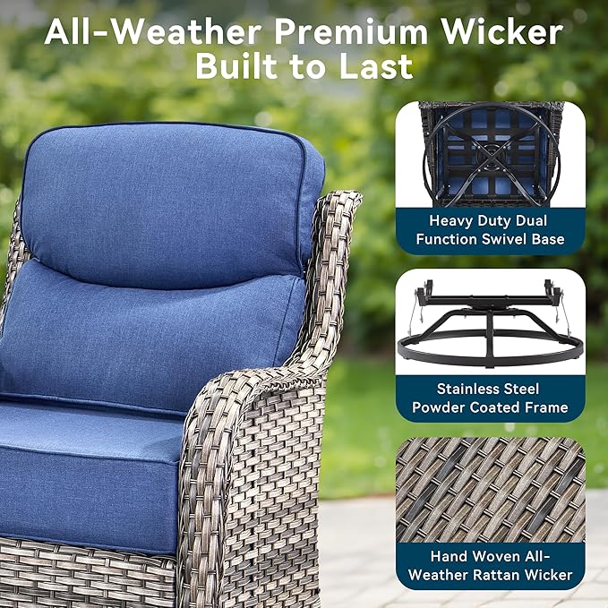 Luxury High Back Outdoor Furniture 6-Inch Thick Cushions with 50,000 BTU Gas Propane Fire Pit Tablet, Patio Furniture Set with Swivel Chairs, for Porch, Balcony, Deck and Yard