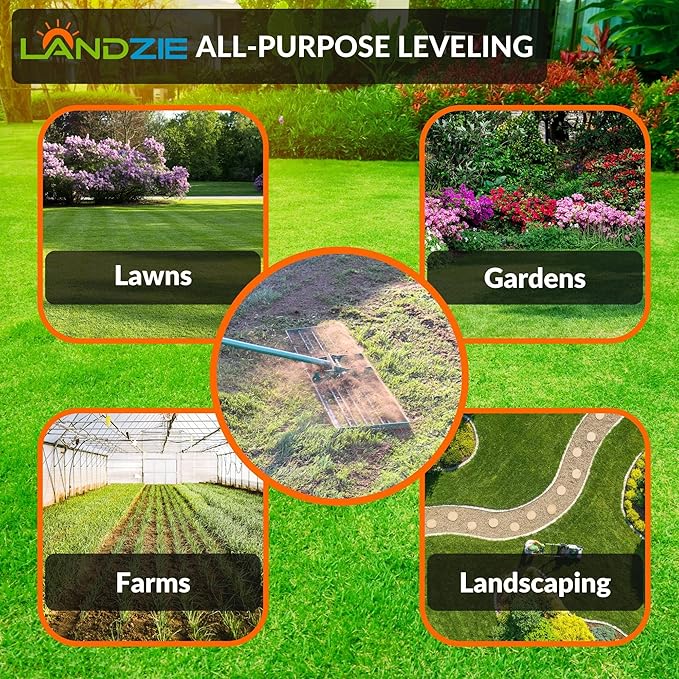 LANDZIE - The Original Lawn Leveling Rake – 48" Steel Handle Yard Leveler, Lawn Level Tool for Creating a Flat Surface - Works for Soil, Dirt, Topdressing, and Ground