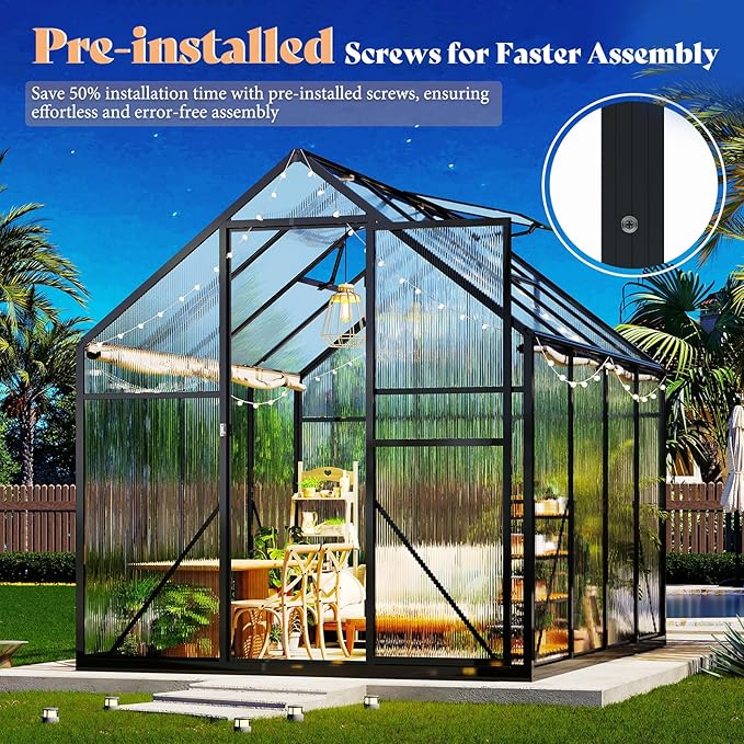 Amerlife 6x10x6.3 FT Outdoor Polycarbonate Greenhouse, Walk-in Aluminum Frame Structure with Dual Windows & Swing Door, Heavy-Duty Garden Building in Black