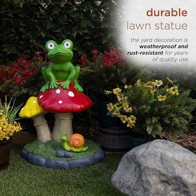 Alpine Corporation ZEN390SLR-L Frog on Mushroom Statue with LED Lights, Solar-Powered LED Frog Garden Statue, 24" H, Green