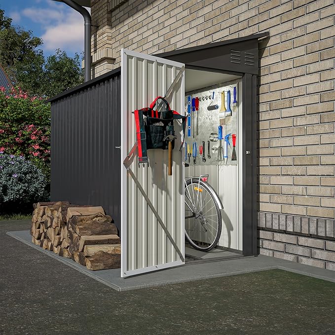 4×8 FT Lean to Metal Shed,Outdoor Heavy-Duty Storage Shed with Floor Base,All Weather Waterproof Garden Tool House W/Lockable Door&2 Air Vent,Reversible Door Design,for Backyard,Patio,Lawn,Black