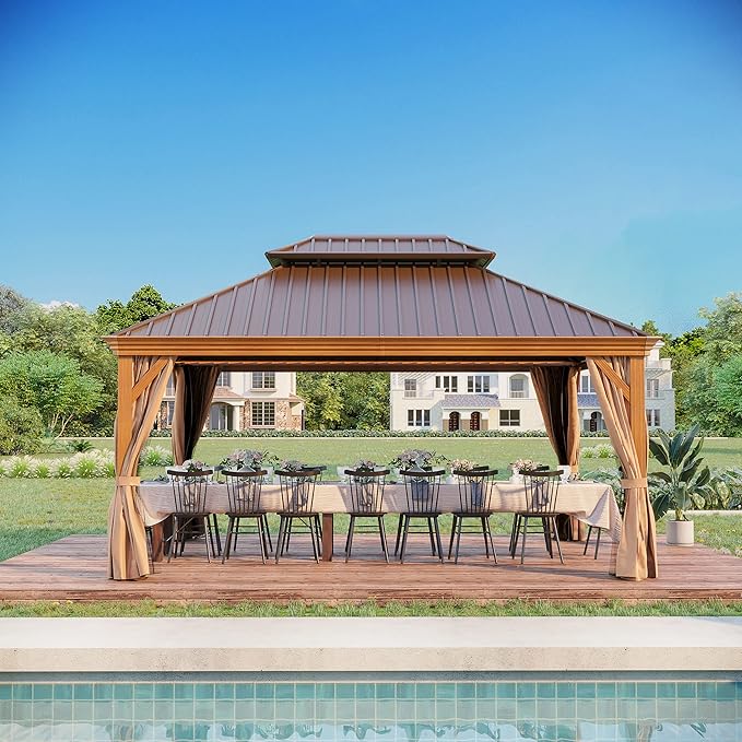 12' X 16' Hardtop Gazebo, Outdoor Aluminum Patio Gazebo Double Roof Galvanized Steel Wooden Finish Coated Canopy with Netting and Curtains for Garden, Patio, Backyard, Deck and Lawns.