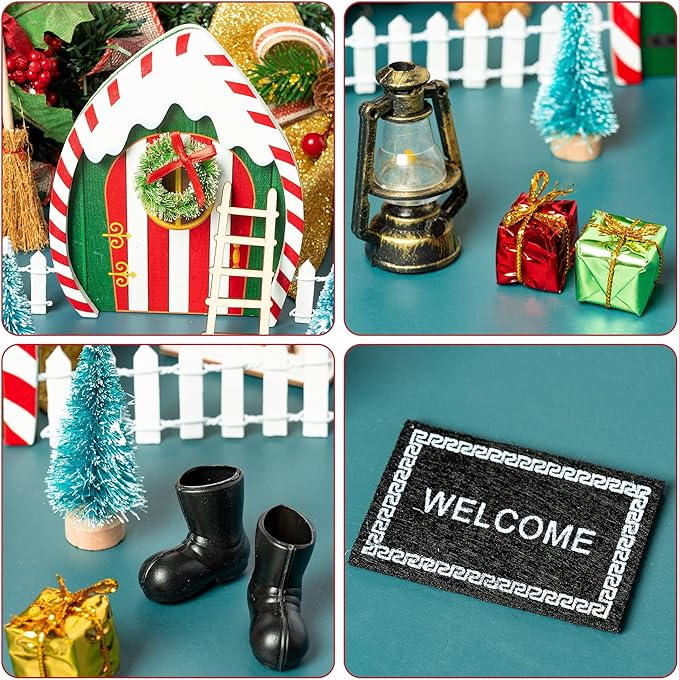 Haooryx Christmas Elf Garden Miniatures - 16Pcs Christmas Wooden Miniature Magic Fairy Doors Decoration Kit Elf Magic Door Wall Fairies Xmas Winter Xmas New Year Decor(Dripping Snow Doorframe)