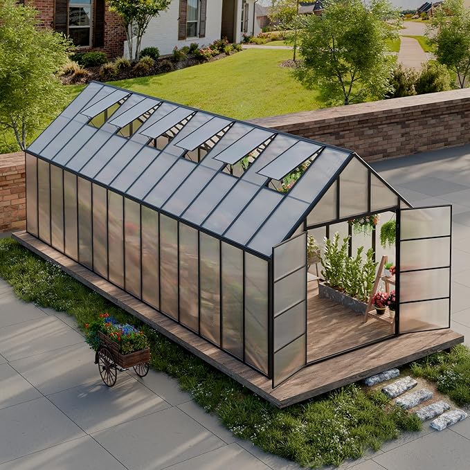 10'x10'x28' Snap-Together Greenhouse - Easy 3-Way Connectors, Heavy-Duty Aluminum Frame, Wind/Snow Resistant for Gardening/Urban Farming, Includes Sliding Door & Ventilation Windows