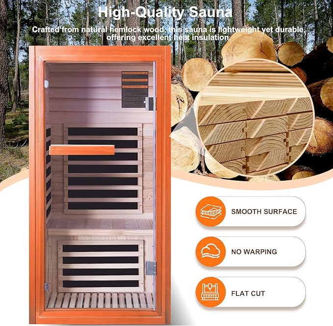 Far Infrared Sauna for Home 1 Person Indoor Wood Sauna Personal Spa Room 120V with Red Light Bluetooth Speakers 31.5"x31.5"x63"