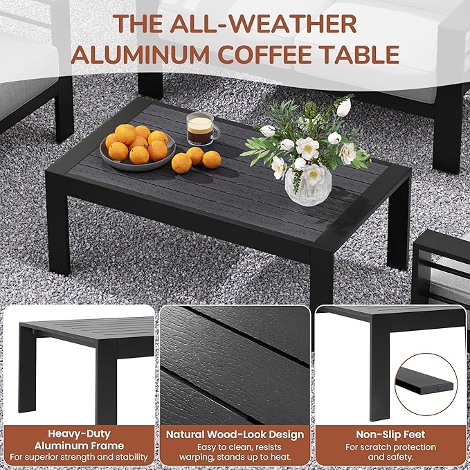 Solaste Aluminum Patio Furniture Set, 5 Seats Modern Outdoor Conversation Set Sectional Sofa with Upgrade Cushion and Coffee Table,Black Frame and Grey Cushion