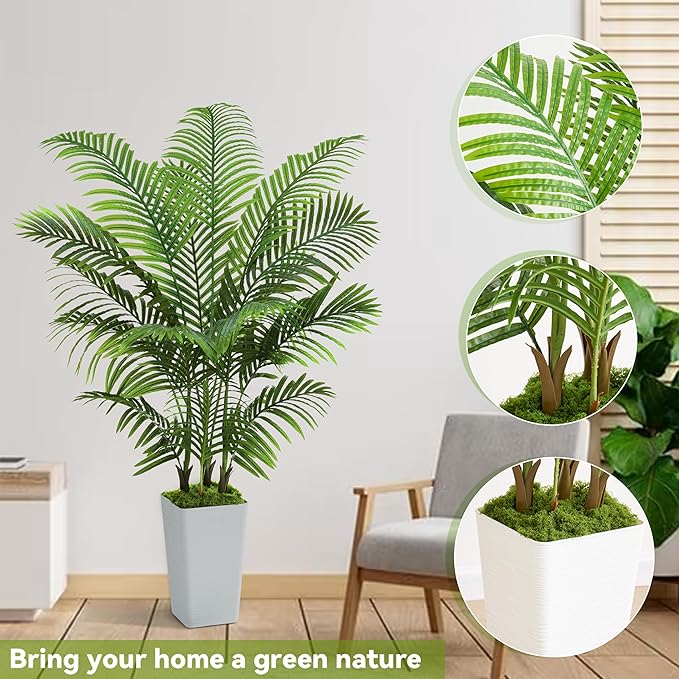 Artificial Palm Tree Artificial Silk Plant Fake Tree with White Tall Planter Faux Tropical Areca Floor Plant in Pot (1, White Tall Planter, 5 FT)
